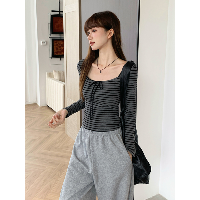 Spring frenum T-shirt stripe black-gray tops for women