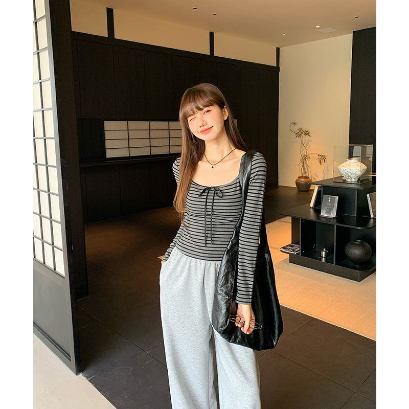 Spring frenum T-shirt stripe black-gray tops for women