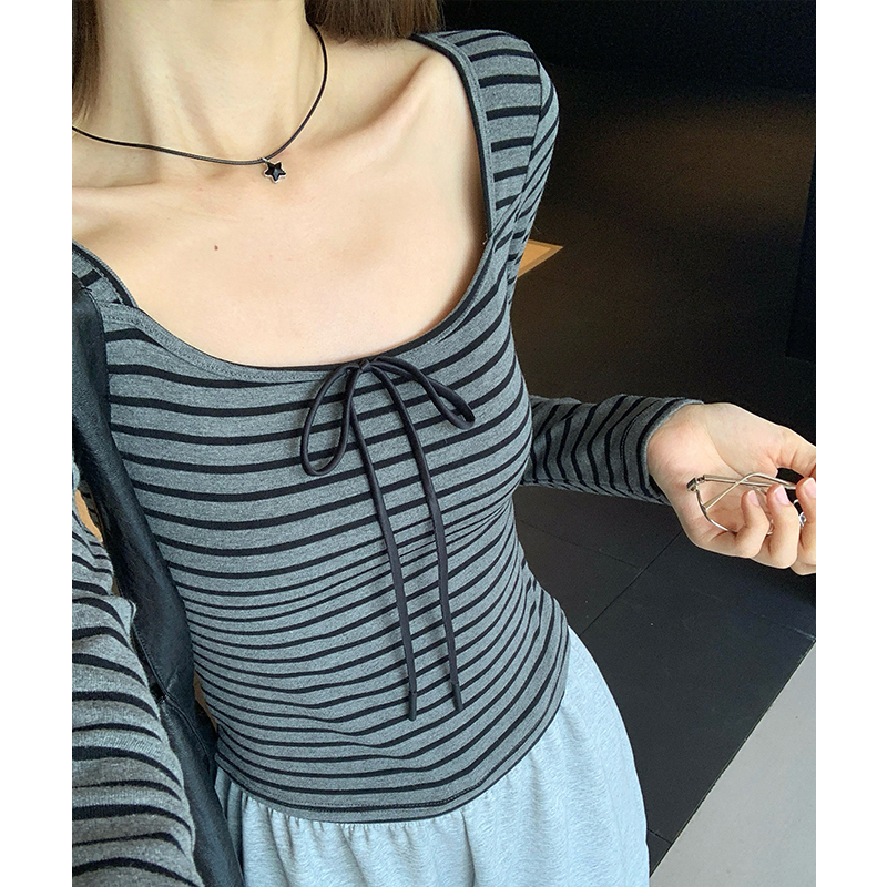 Spring frenum T-shirt stripe black-gray tops for women