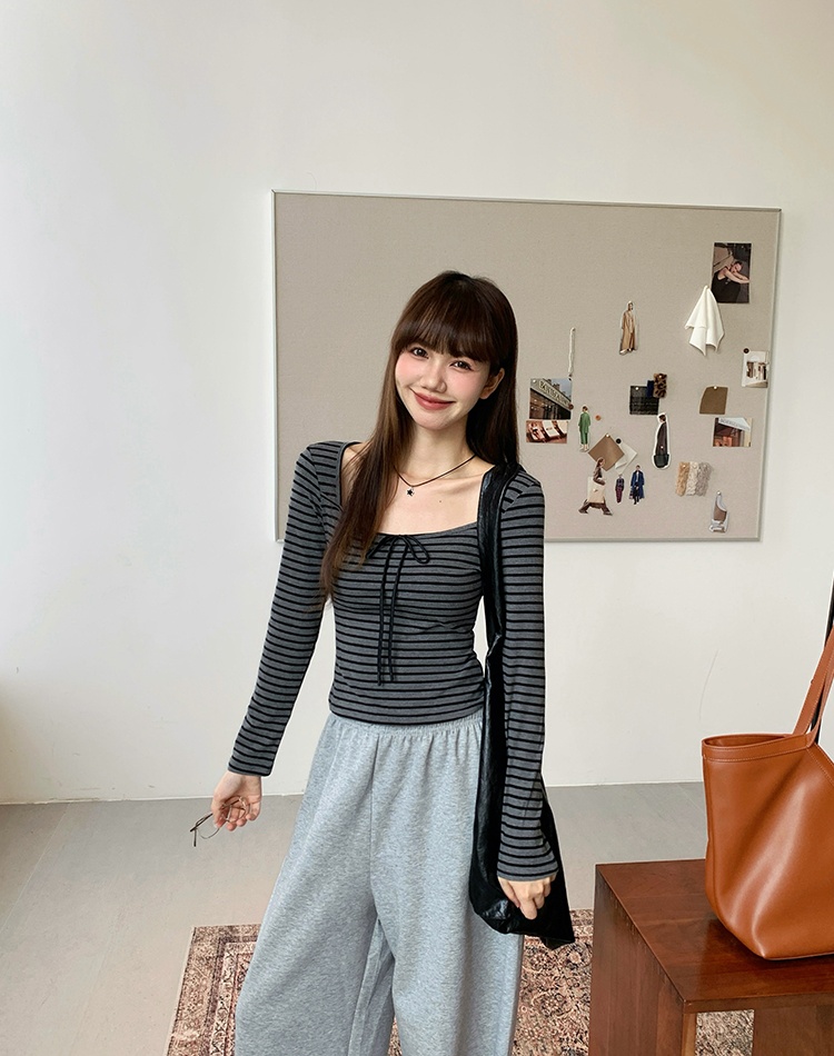 Spring frenum T-shirt stripe black-gray tops for women