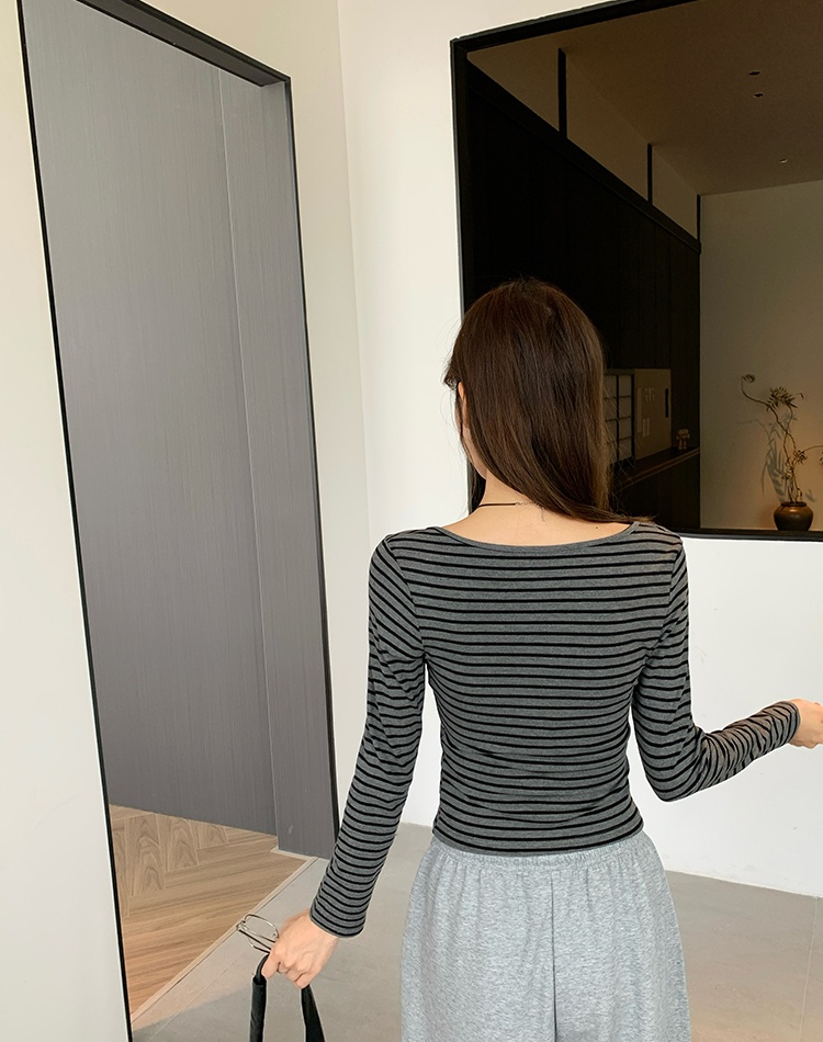 Spring frenum T-shirt stripe black-gray tops for women