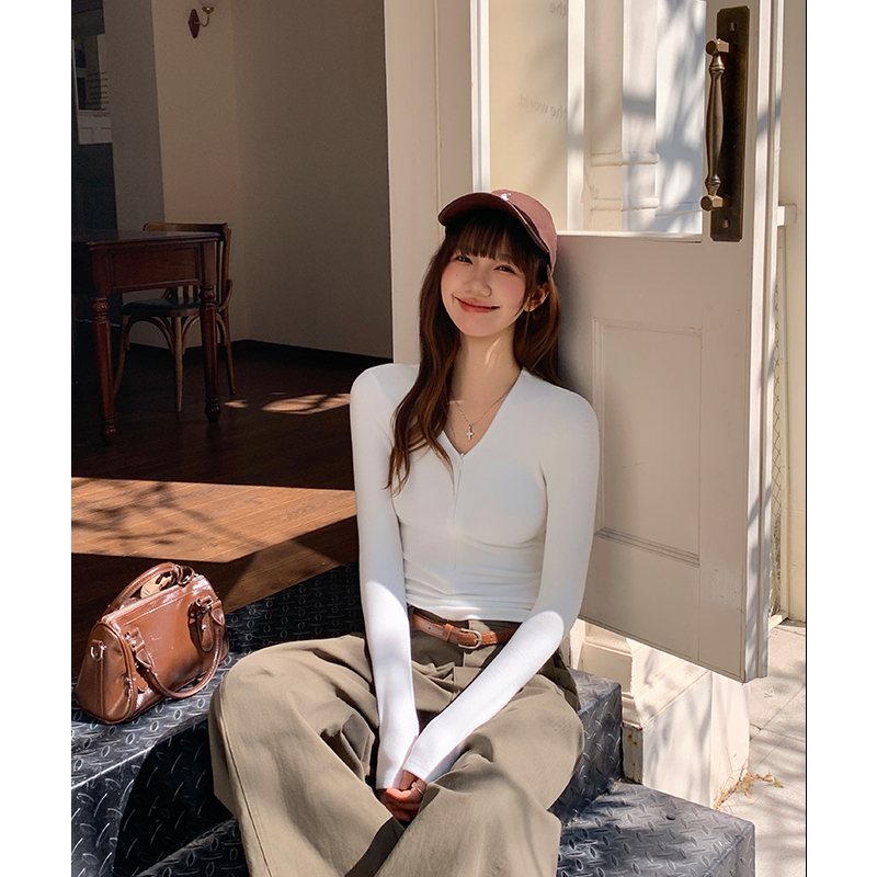 White zip bottoming shirt slim T-shirt for women