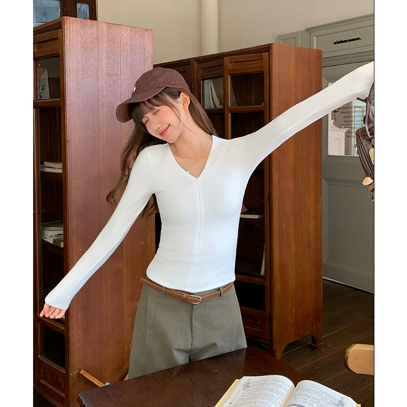 White zip bottoming shirt slim T-shirt for women