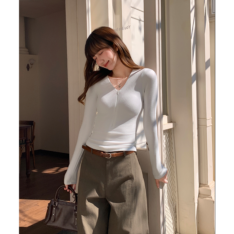 White zip bottoming shirt slim T-shirt for women