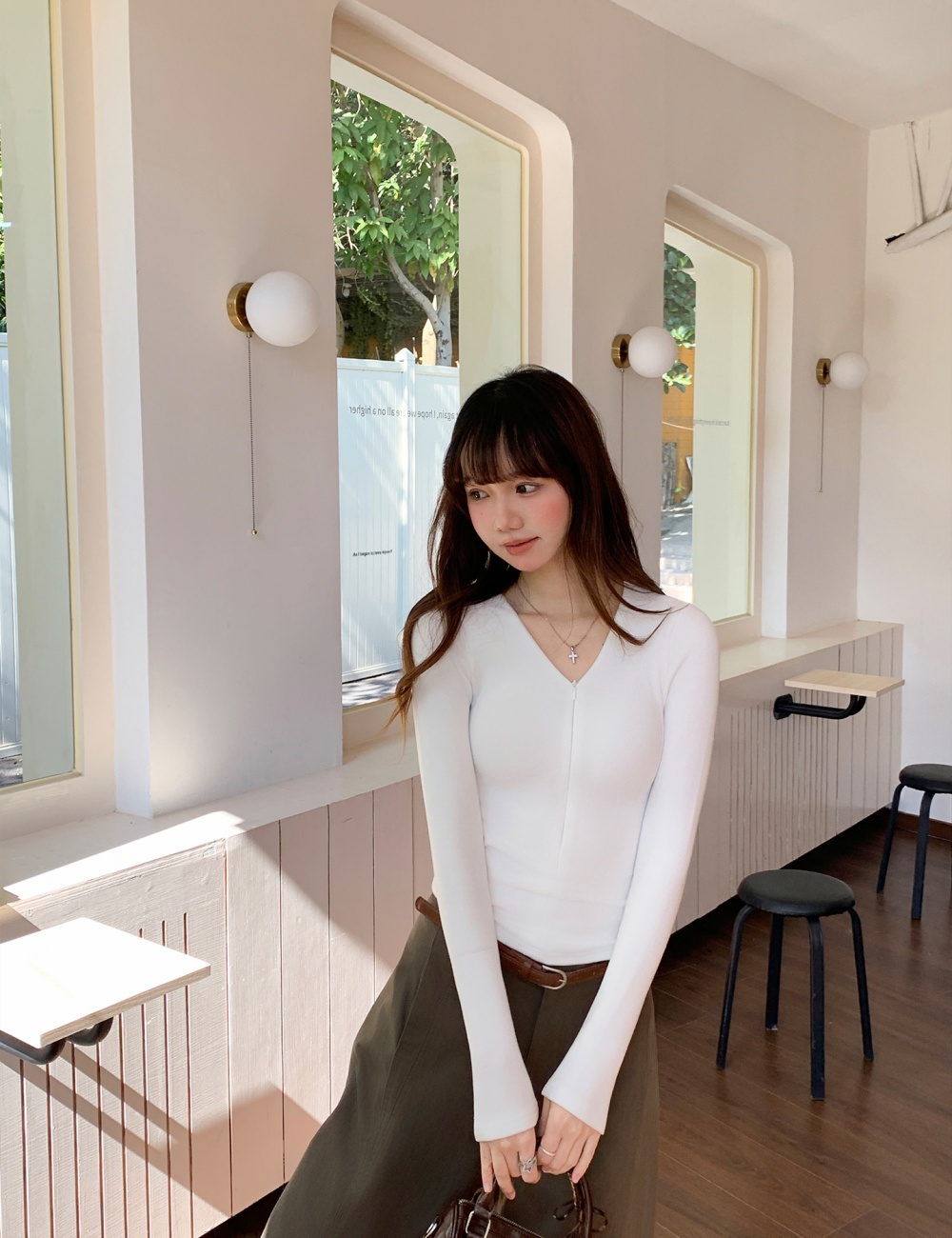 White zip bottoming shirt slim T-shirt for women