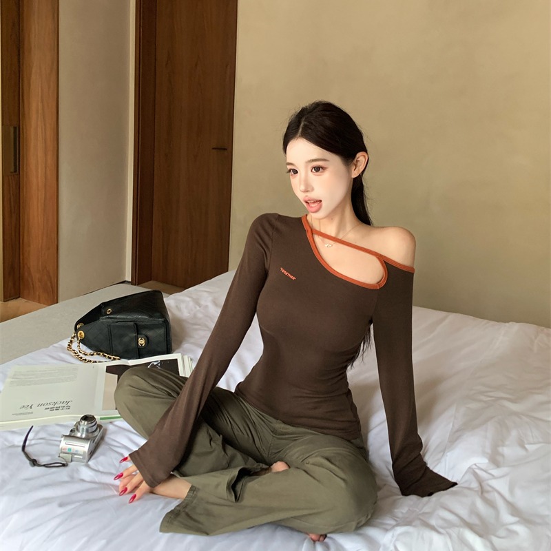 Slim long sleeve tops irregular retro T-shirt