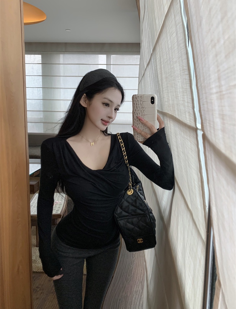 High elastic autumn T-shirt slim pinch pleated tops