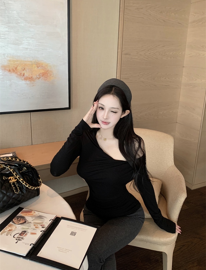 High elastic autumn T-shirt slim pinch pleated tops