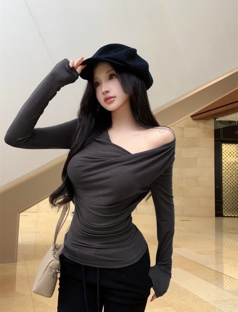 High elastic autumn T-shirt slim pinch pleated tops