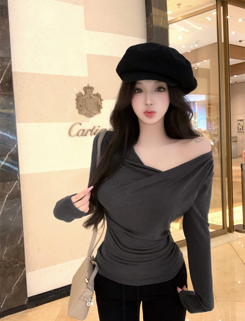 High elastic autumn T-shirt slim pinch pleated tops