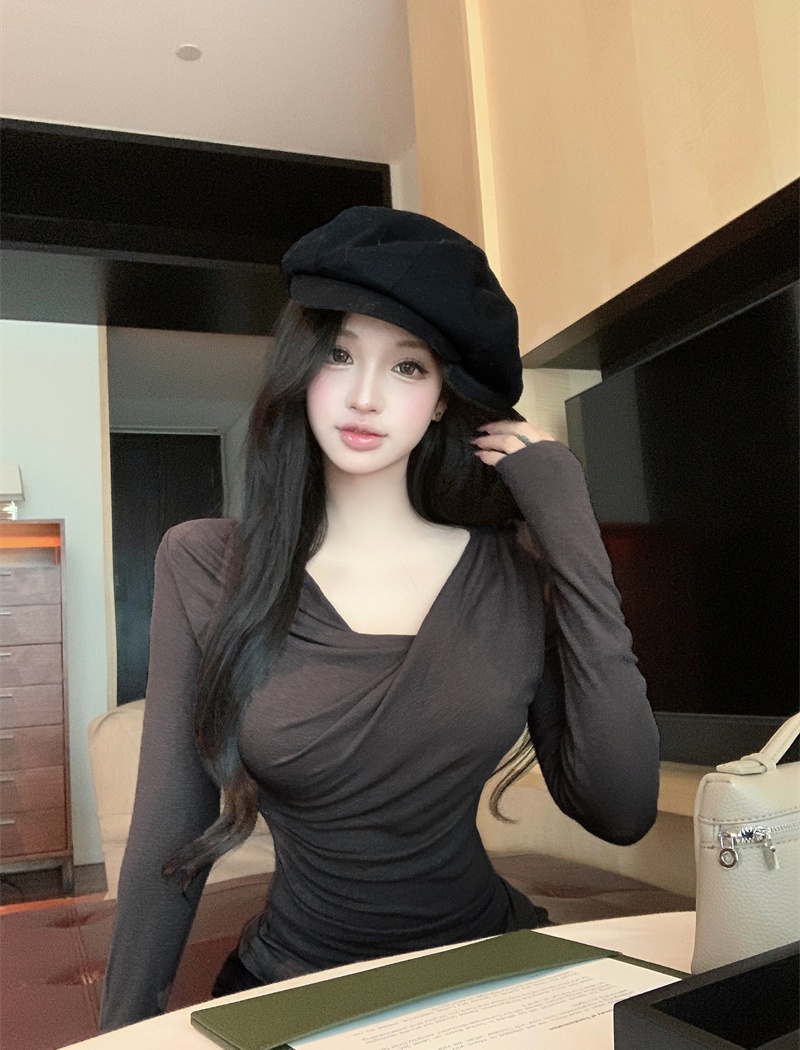 High elastic autumn T-shirt slim pinch pleated tops