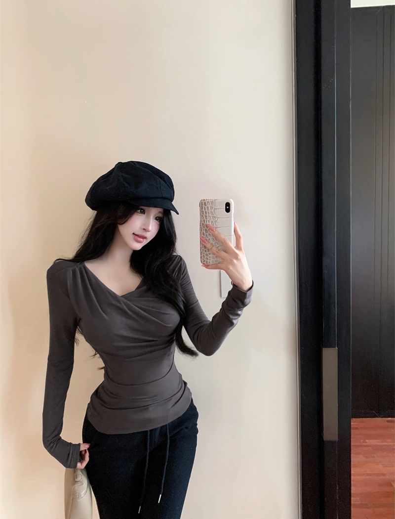 High elastic autumn T-shirt slim pinch pleated tops