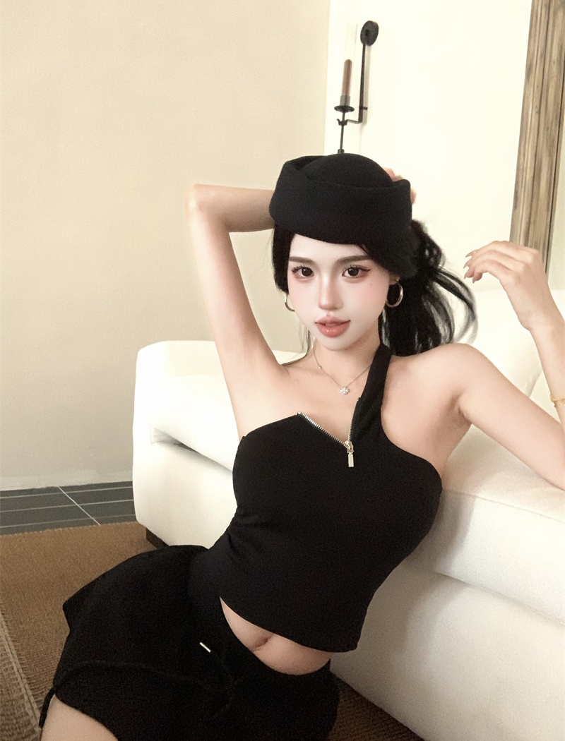 Zip temperament T-shirt sloping shoulder tops