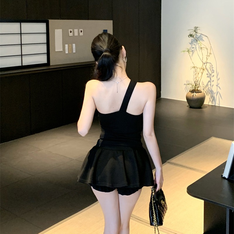 Zip temperament T-shirt sloping shoulder tops