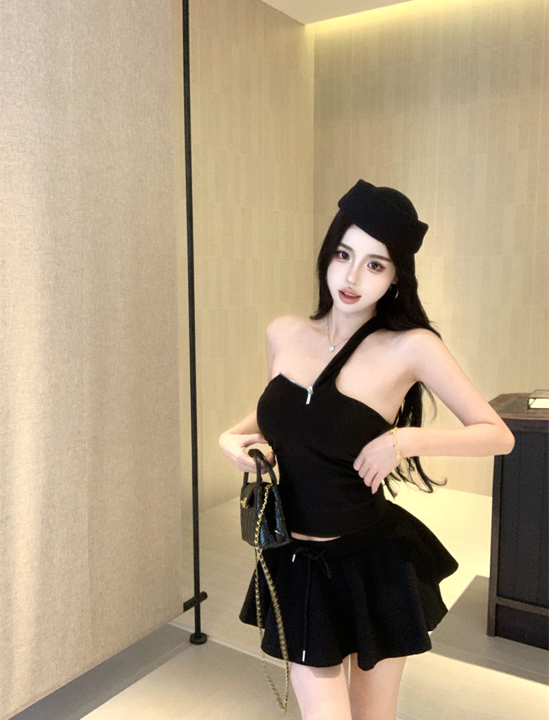 Zip temperament T-shirt sloping shoulder tops