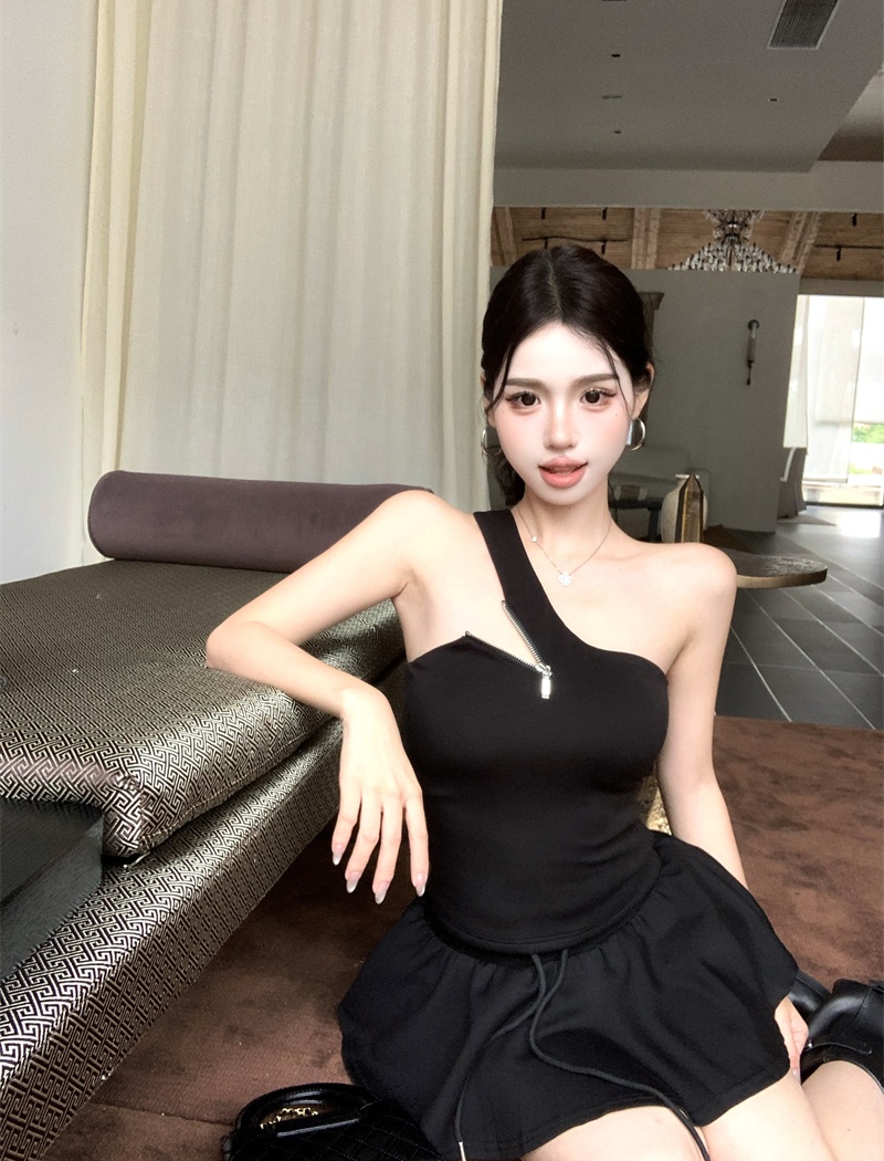 Zip temperament T-shirt sloping shoulder tops