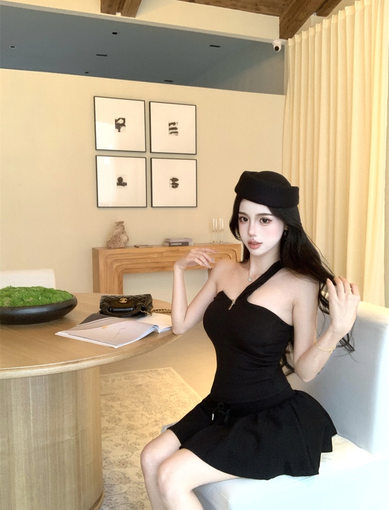 Zip temperament T-shirt sloping shoulder tops