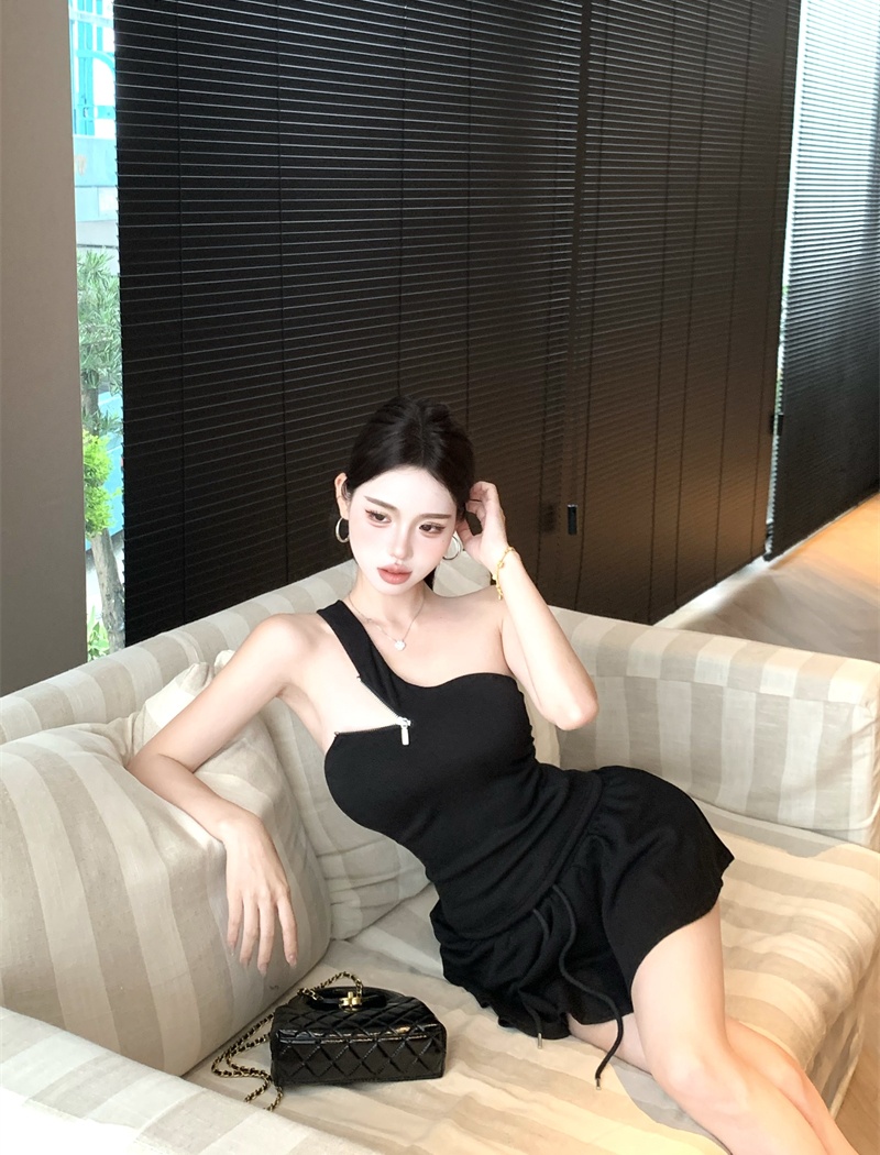 Zip temperament T-shirt sloping shoulder tops