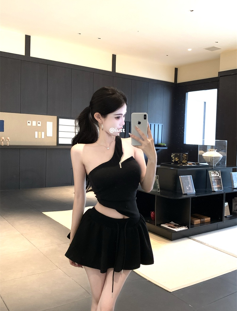 Zip temperament T-shirt sloping shoulder tops