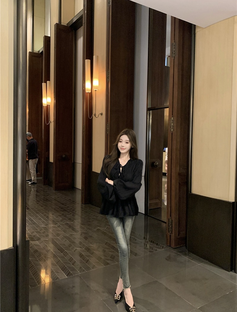 France style fold loose shirt white autumn tops for women