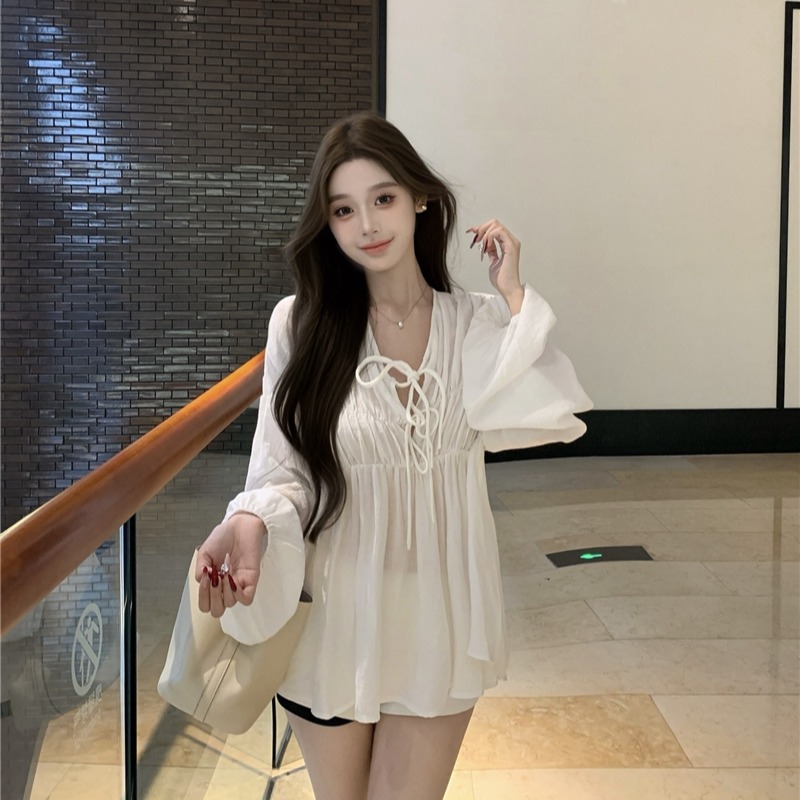 France style fold loose shirt white autumn tops for women