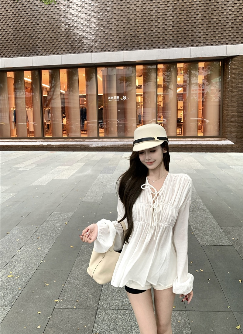 France style fold loose shirt white autumn tops for women