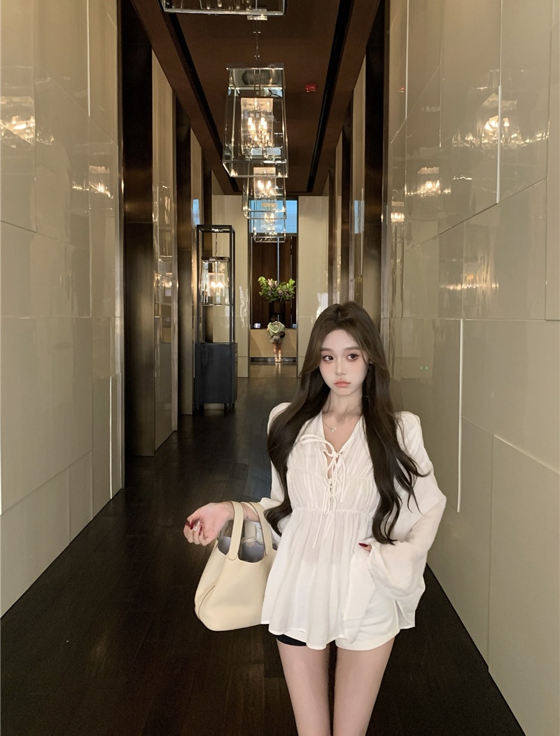 France style fold loose shirt white autumn tops for women