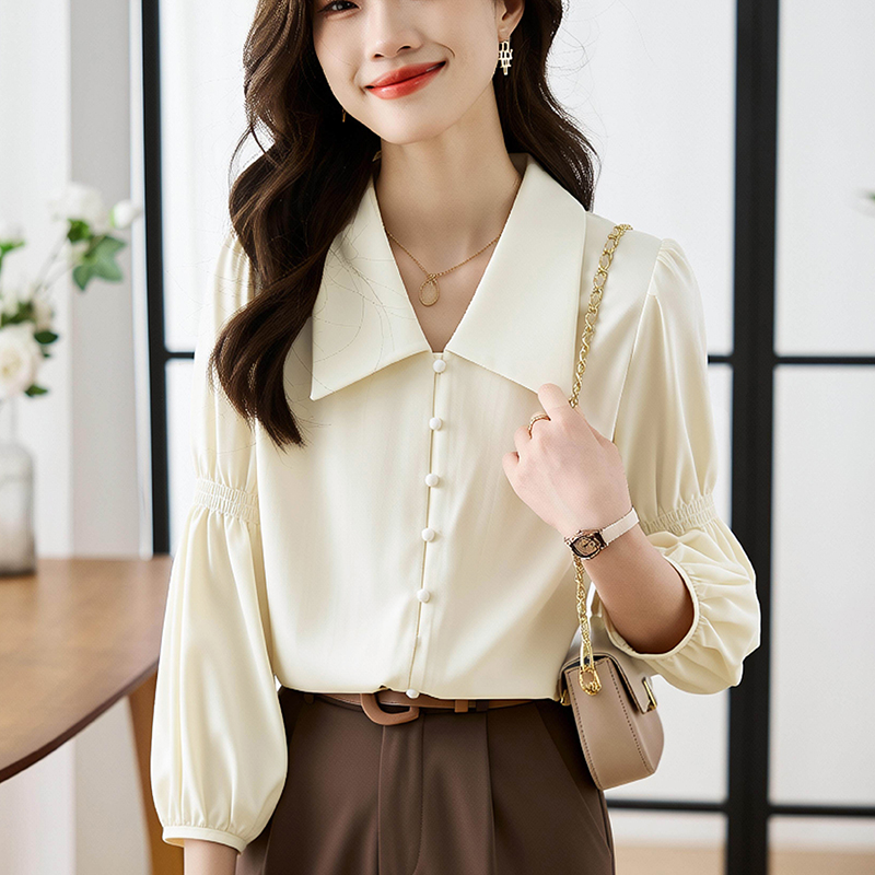 Puff sleeve France style shirt V-neck unique tops for women