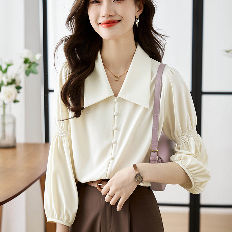 Puff sleeve France style shirt V-neck unique tops for women