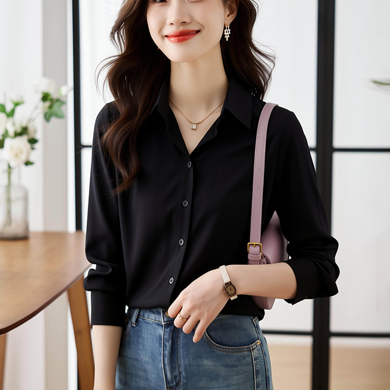 Unique satin black tops autumn niche profession shirt