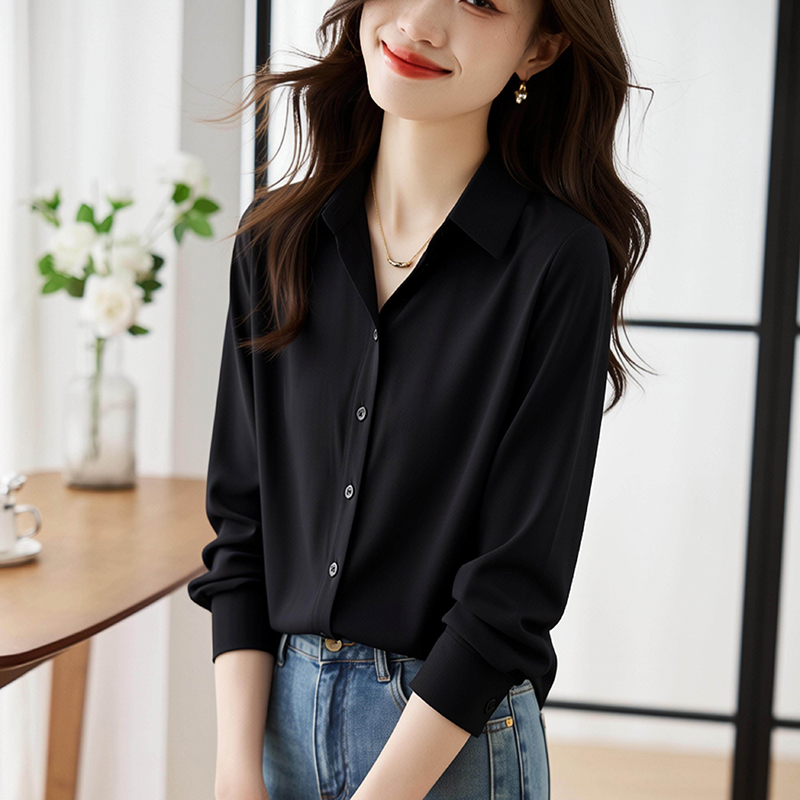 Unique satin black tops autumn niche profession shirt