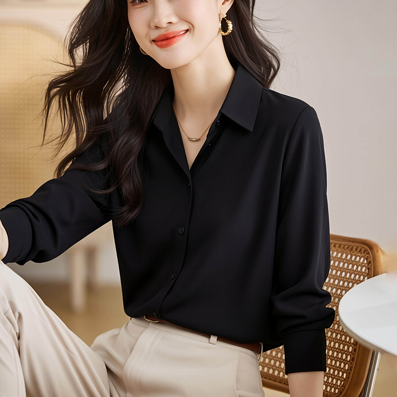 Unique satin black tops autumn niche profession shirt