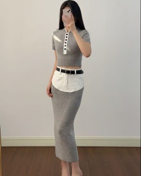 Denim knitted tops ladies chanelstyle skirt a set