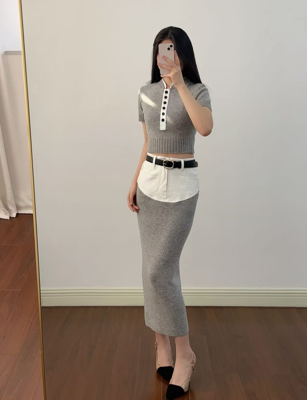 Denim knitted tops ladies chanelstyle skirt a set