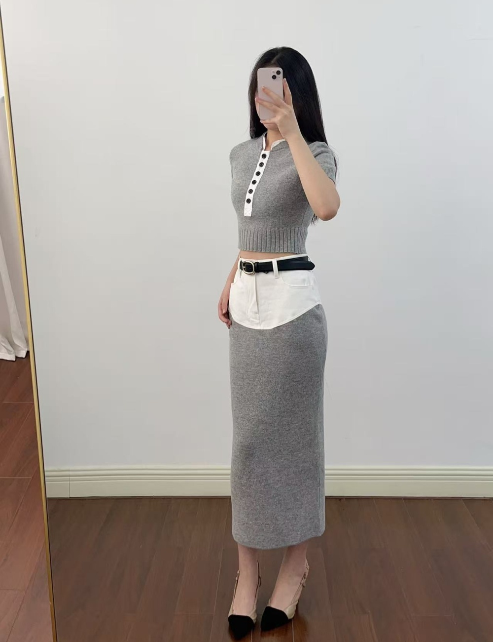 Denim knitted tops ladies chanelstyle skirt a set