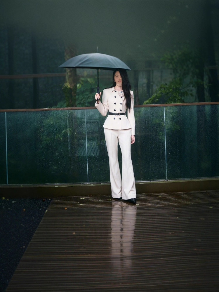 Lapel long pants elegant tops a set for women