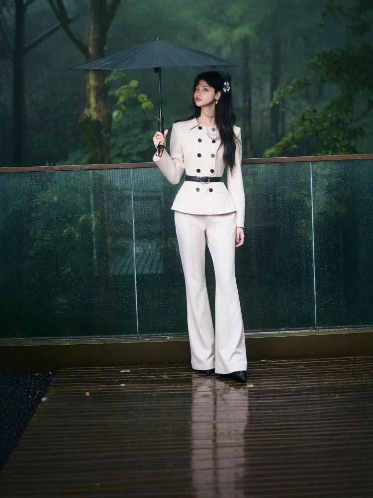 Lapel long pants elegant tops a set for women