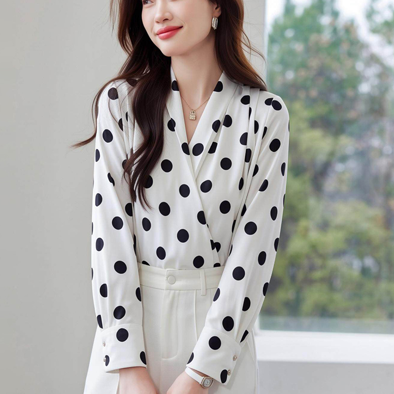 Polka dot satin chiffon shirt temperament shirt for women