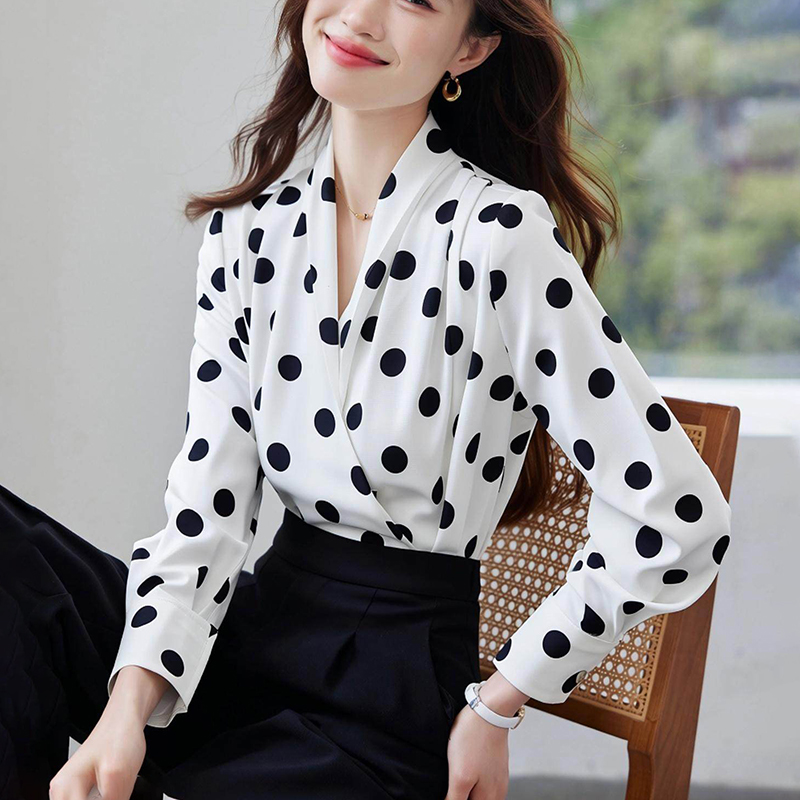 Polka dot satin chiffon shirt temperament shirt for women
