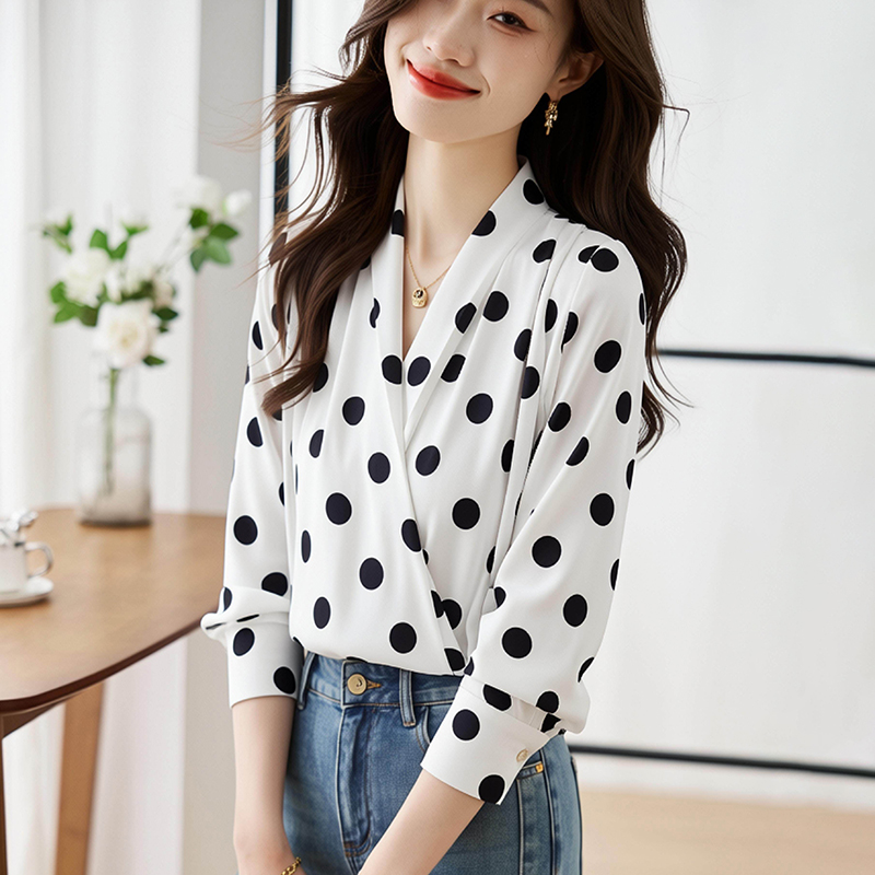 Polka dot satin chiffon shirt temperament shirt for women