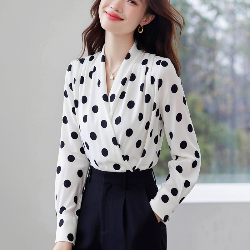 Polka dot satin chiffon shirt temperament shirt for women