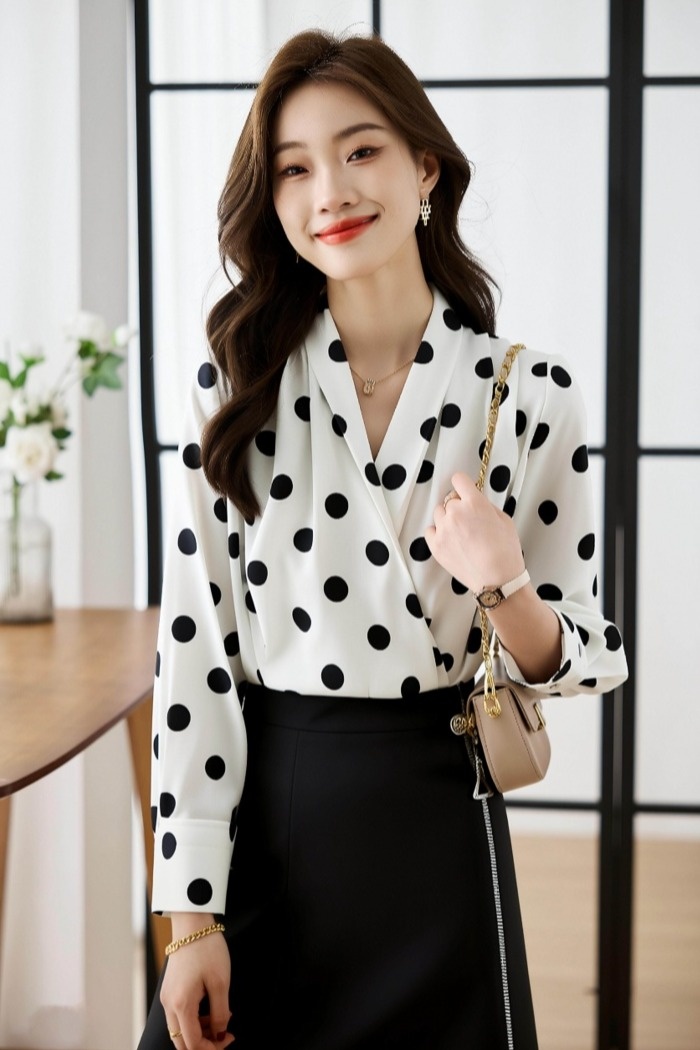 Polka dot satin chiffon shirt temperament shirt for women