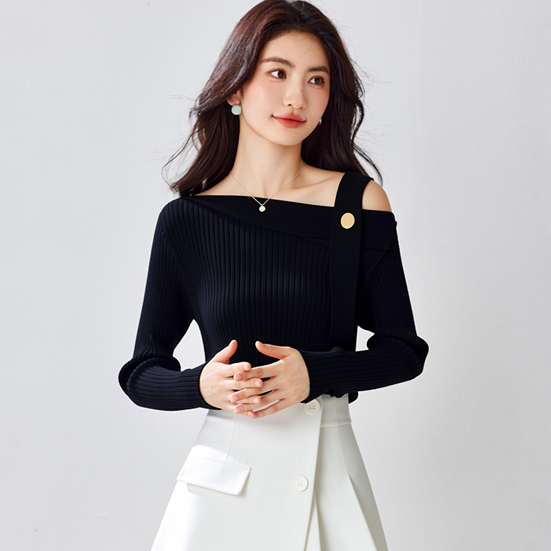 Knitted horizontal collar sweater slim tops for women