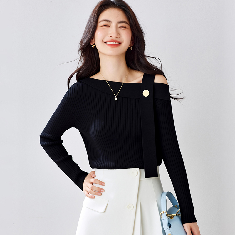 Knitted horizontal collar sweater slim tops for women