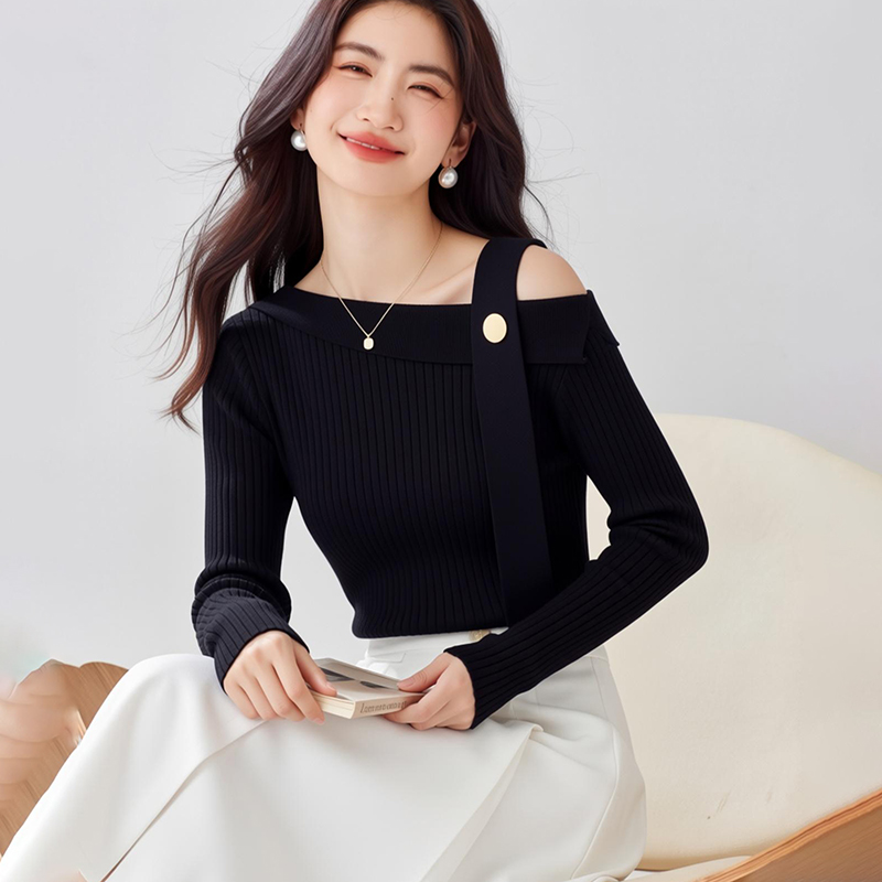 Knitted horizontal collar sweater slim tops for women