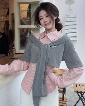 Long sleeve stripe sweet shawl unique spring slim tops 2pcs set