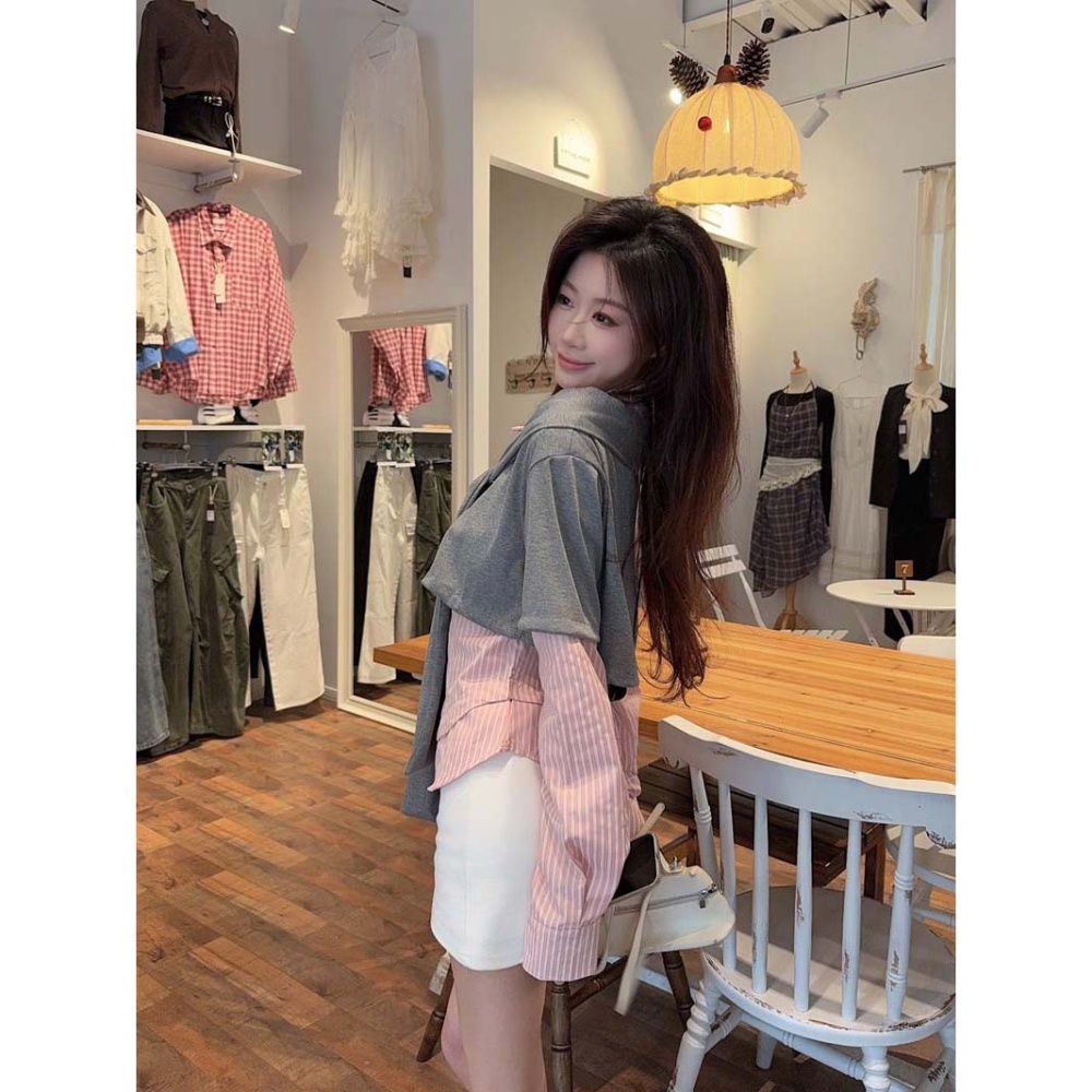 Long sleeve stripe sweet shawl unique spring slim tops 2pcs set