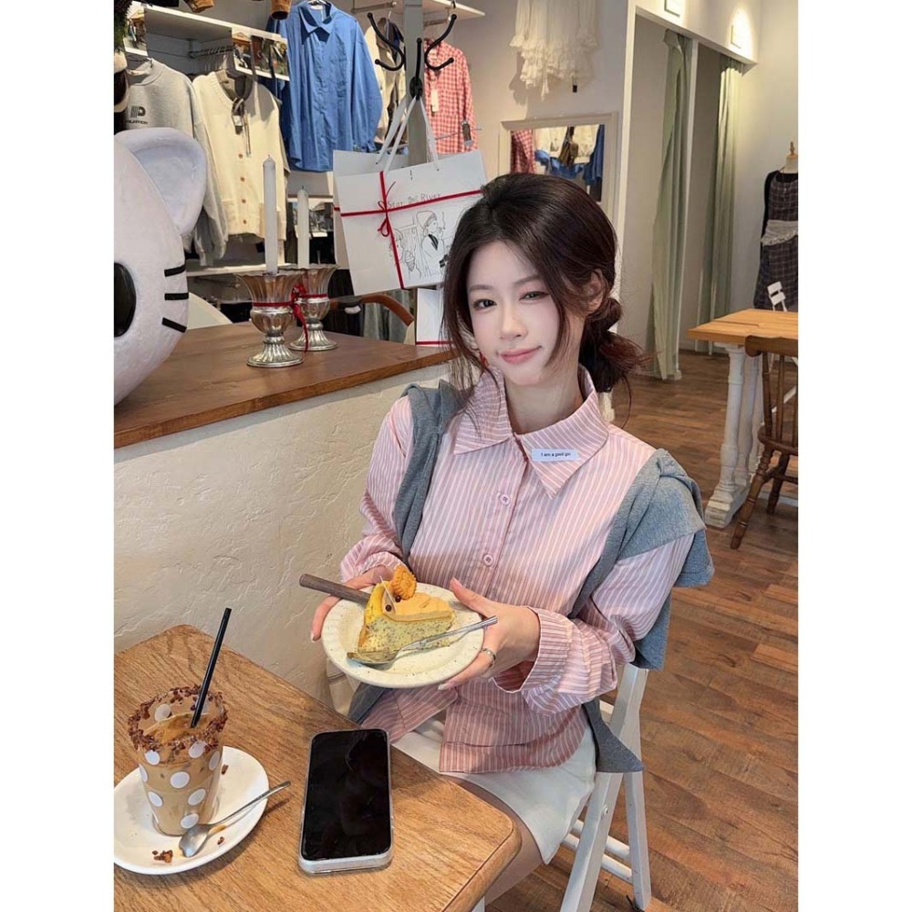 Long sleeve stripe sweet shawl unique spring slim tops 2pcs set