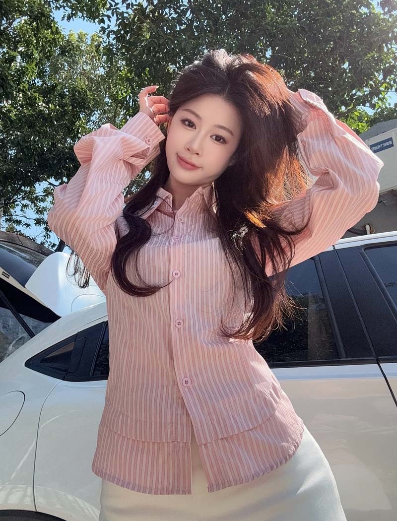 Long sleeve stripe sweet shawl unique spring slim tops 2pcs set