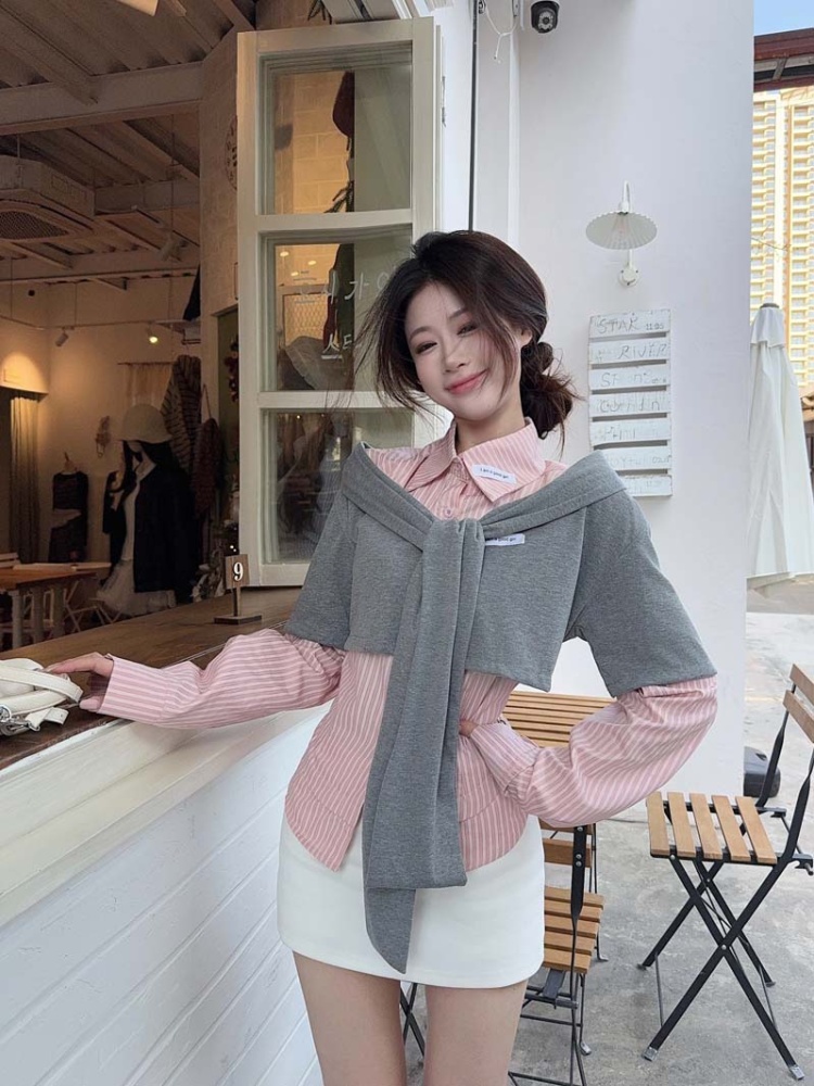 Long sleeve stripe sweet shawl unique spring slim tops 2pcs set